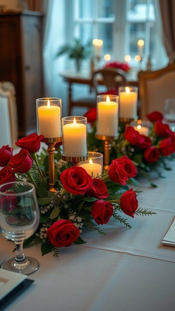 A romantic dining table centerpiece featuring candles and red roses.