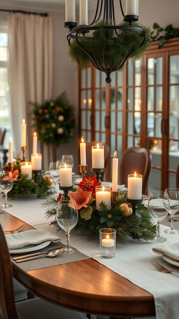 A beautifully set dining table with candlelit centerpieces, featuring seasonal flowers and greenery.