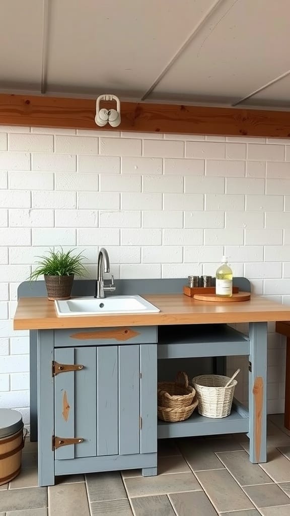 Simple outdoor sink with wooden cabinetry and a small basin