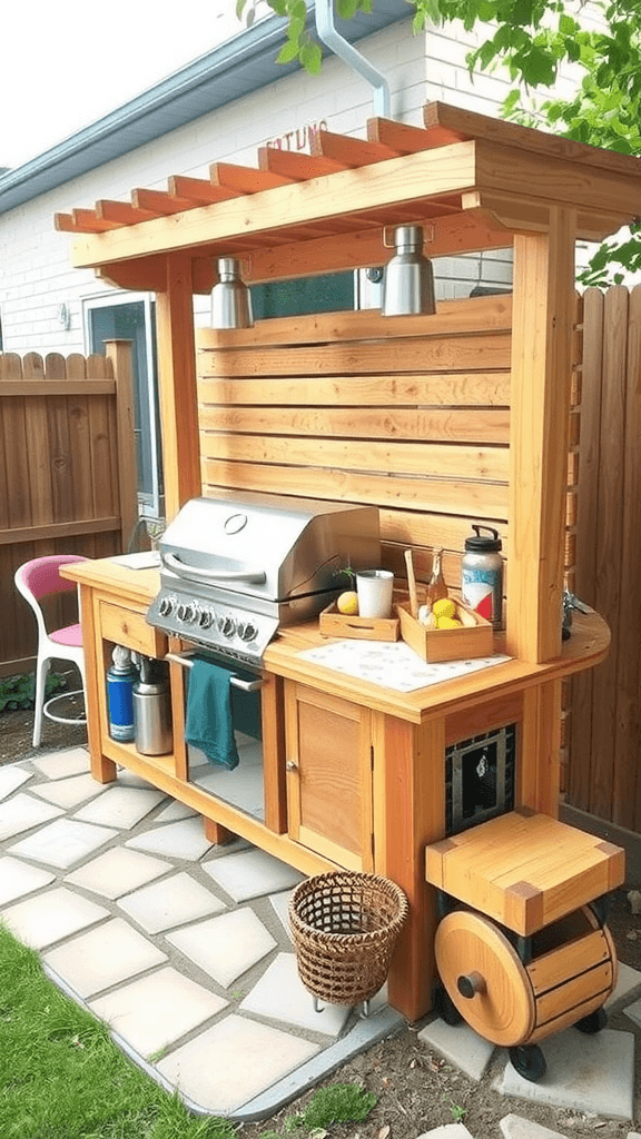 A budget-friendly DIY barbecue station with a grill, countertop, and seating in a backyard setting.