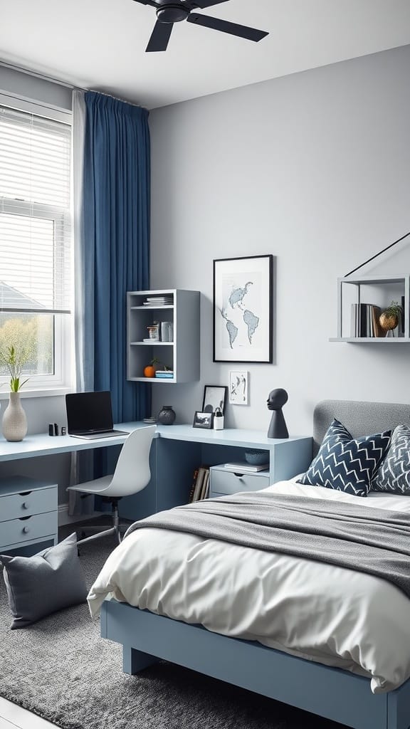 A modern teen boy bedroom featuring sleek furniture and a stylish decor.