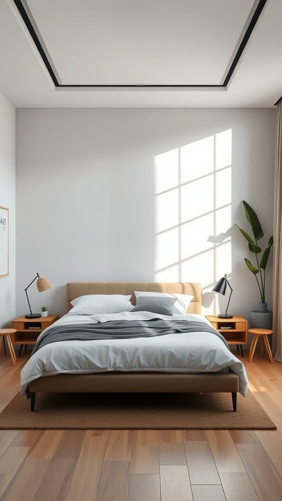 Modern minimalist bedroom featuring a bed, side tables, and natural light.