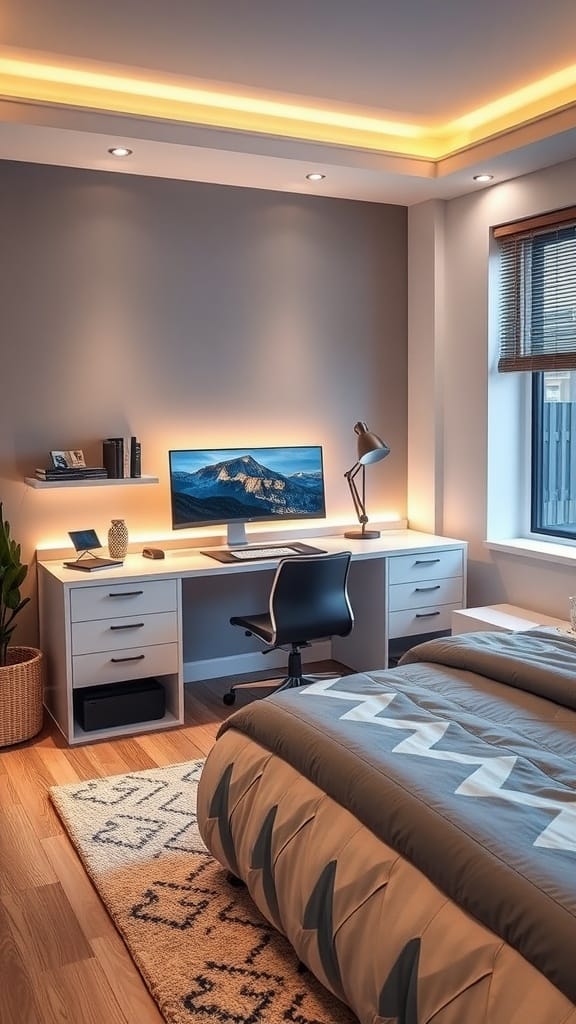 A modern desk setup in a teen boy bedroom with a computer, lamp, and wall decor.