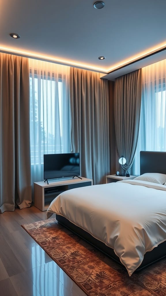 A modern bedroom featuring smart technology with ambient lighting and sleek furnishings.