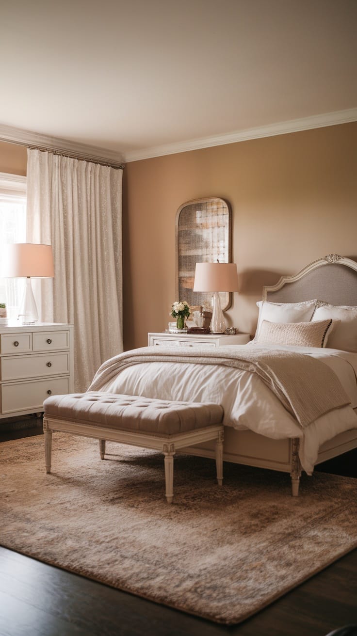 A cozy bedroom featuring soft area rugs, warm lighting, and elegant decor.