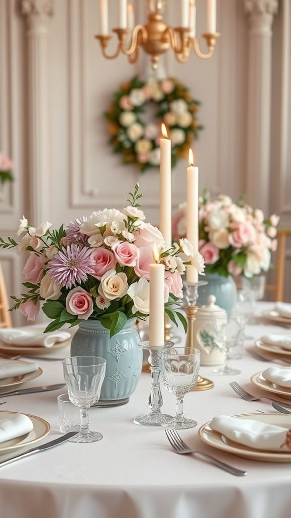 A beautifully set dining table with pastel-themed floral arrangements and candles.