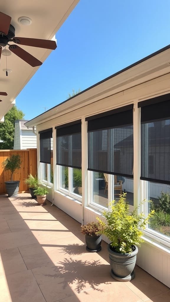 Image of a patio with solar shade screens providing energy efficiency and comfort