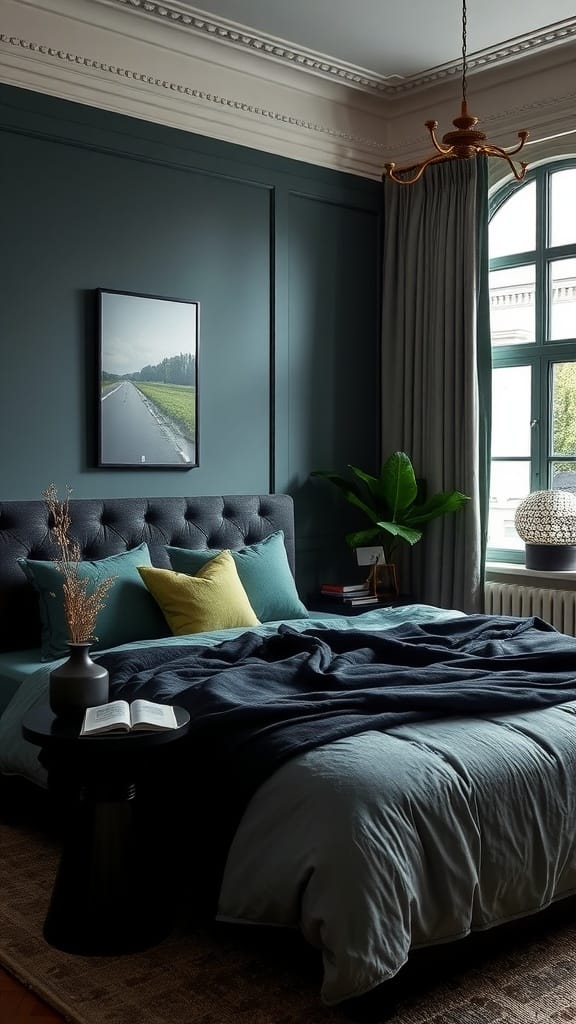 A cozy bedroom featuring a sophisticated black and green color palette with elegant decor.