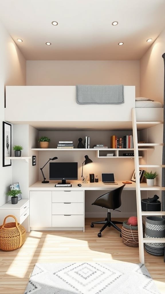 A modern teen boy bedroom featuring a loft bed, desk, and stylish decor.