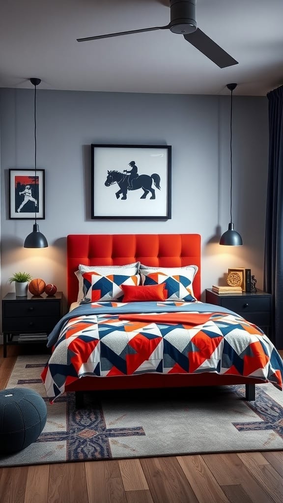 A stylish modern bedroom for a teen boy with sports-inspired decor, featuring framed jerseys and a basketball hoop.