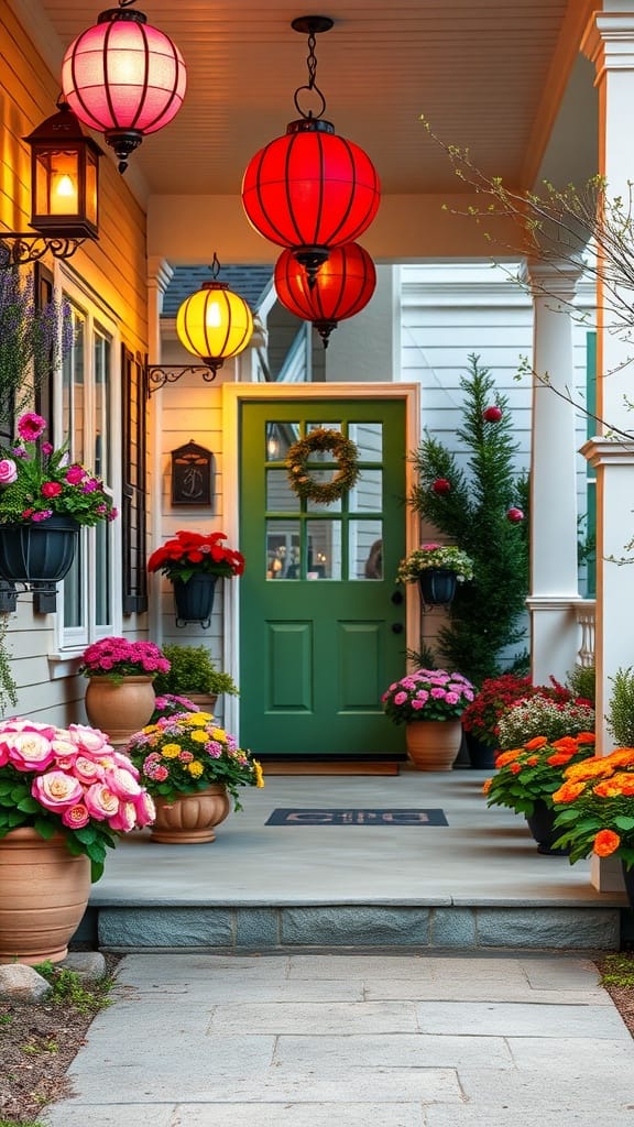 A welcoming porch decorated with colorful lanterns and vibrant flower pots, perfect for spring.