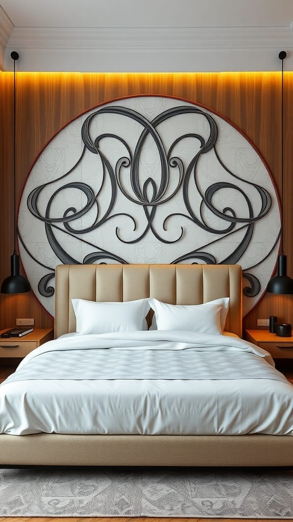 Stylish modern bedroom with a statement headboard and soft bedding.