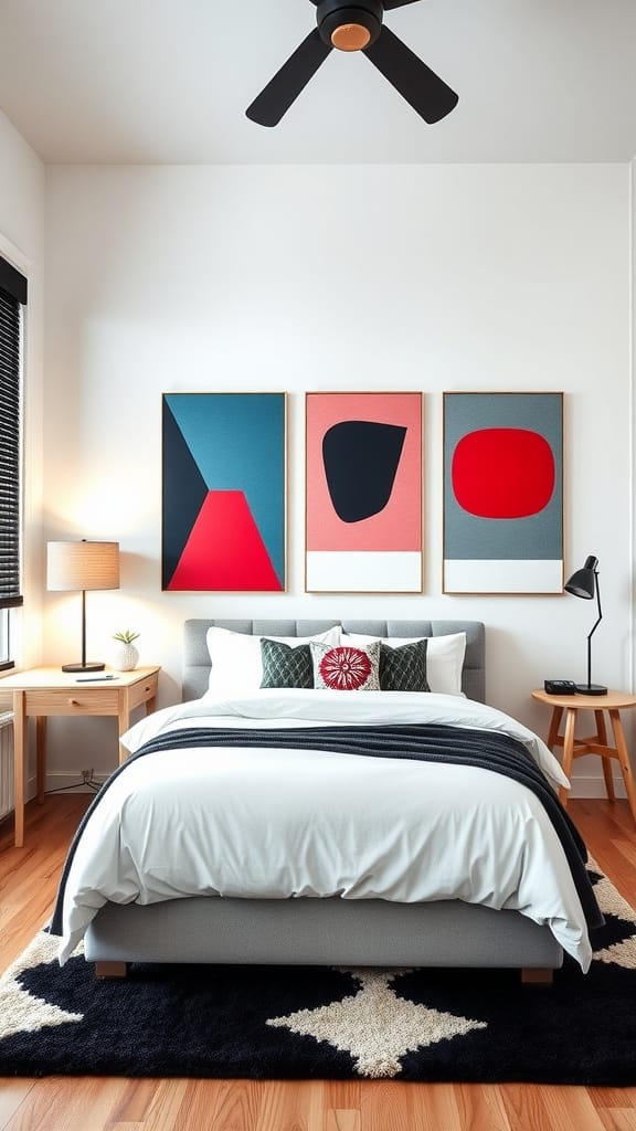 Modern teen boy bedroom with trendy wall art.