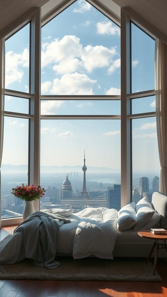 A romantic bedroom with a cozy bed, large windows showing a city skyline, and a vase of flowers.