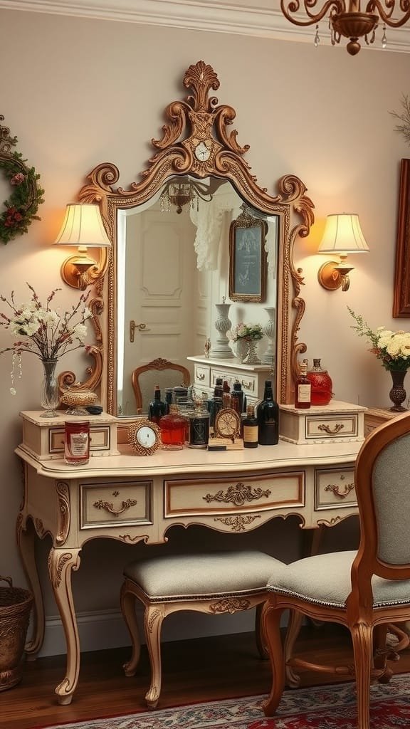 A vintage vanity with antique perfume bottles and elegant furnishings.