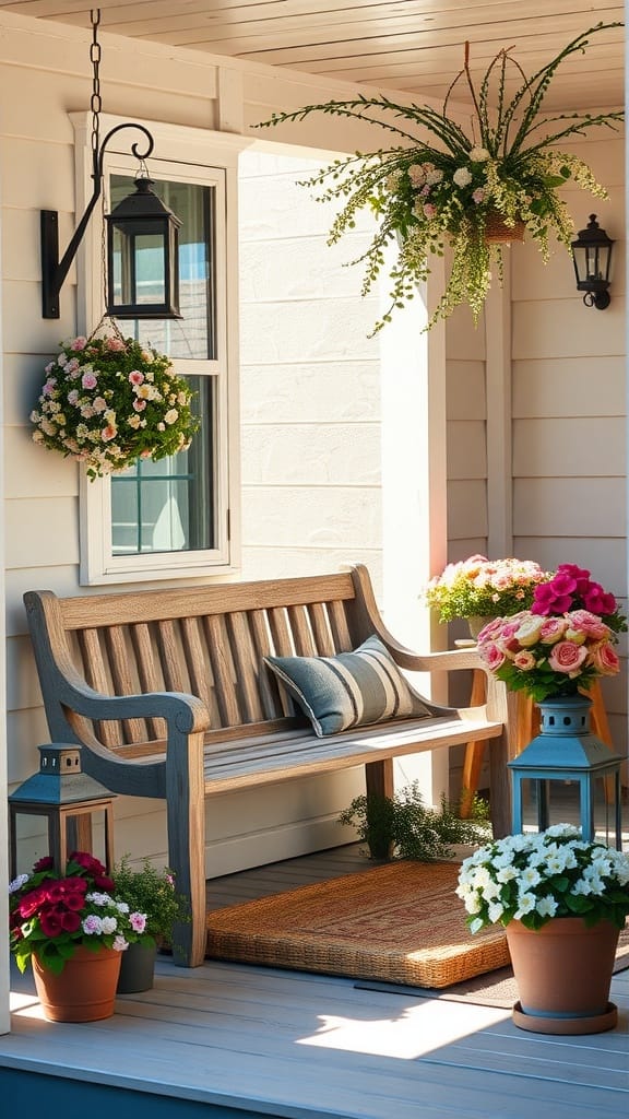 A cozy front porch with a wooden bench, colorful flower pots, and hanging plants for spring decor.