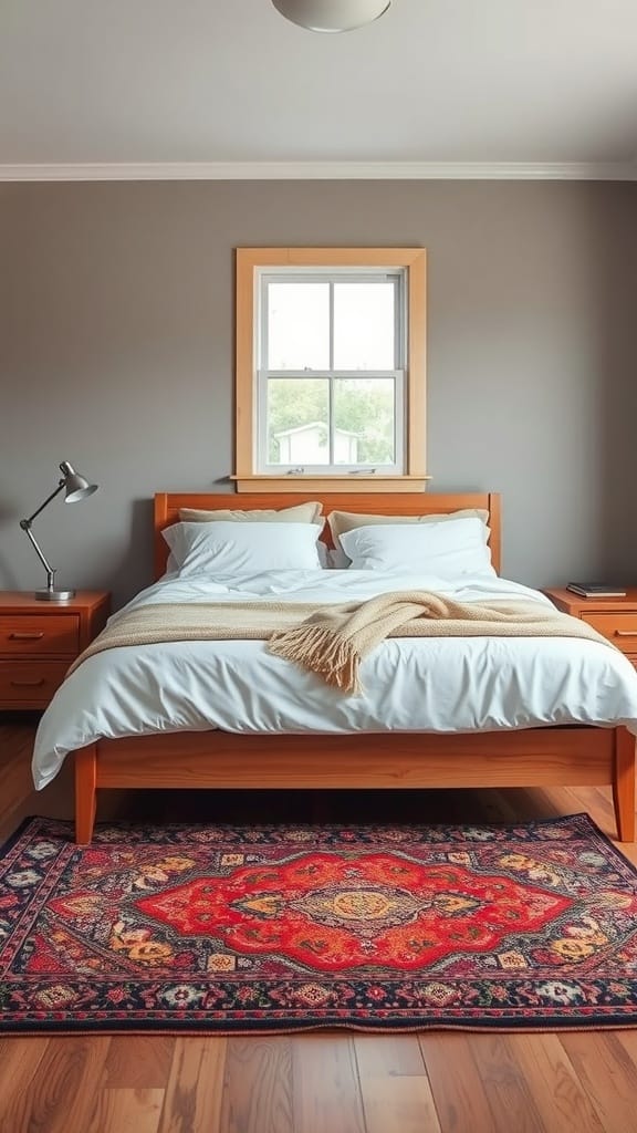 Cozy bedroom with a stylish area rug, showcasing modern design elements.