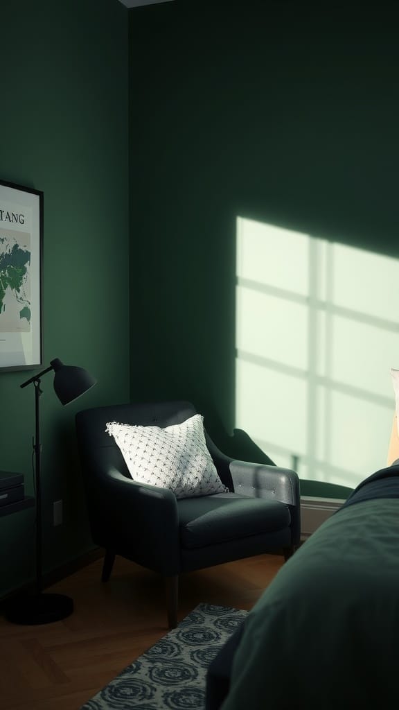 Cozy black accent chair in a green bedroom with natural light.