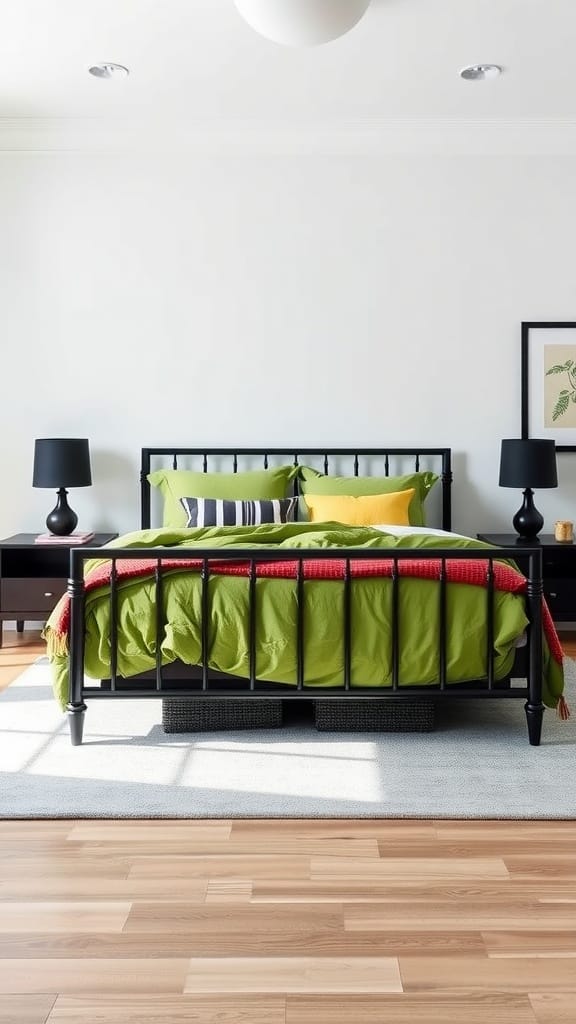 A stylish black bed frame with green bedding and decorative pillows.