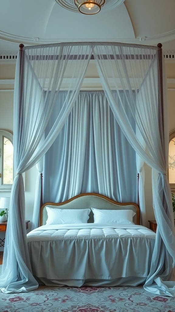 A stylish canopy bed with light fabric draping, creating a dreamy and inviting atmosphere in a bedroom.