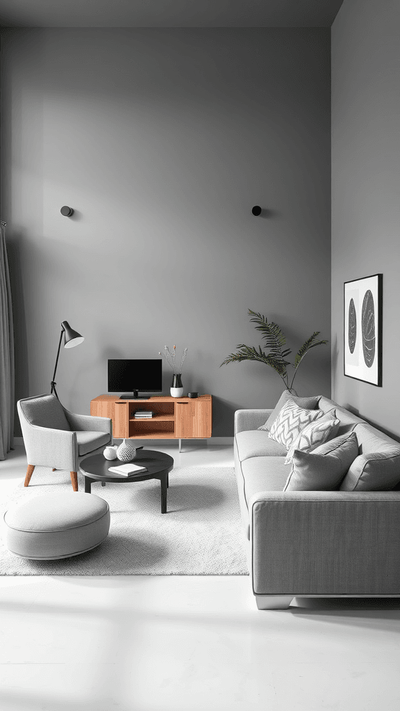A stylish gray living room featuring a gray sofa, round coffee table, and modern decor.