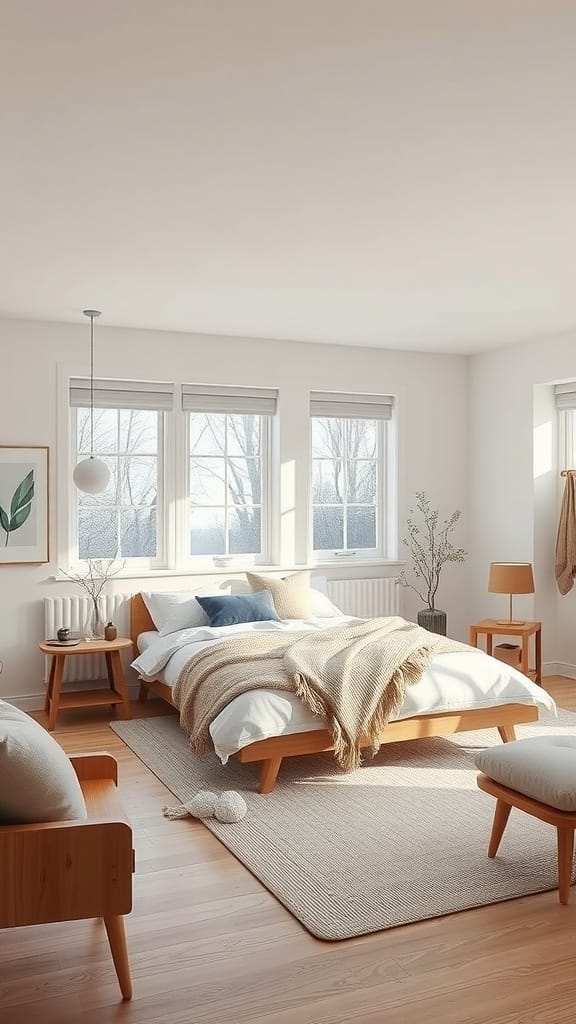 A beautiful Scandinavian bedroom featuring neutral colors with pops of blue and green.