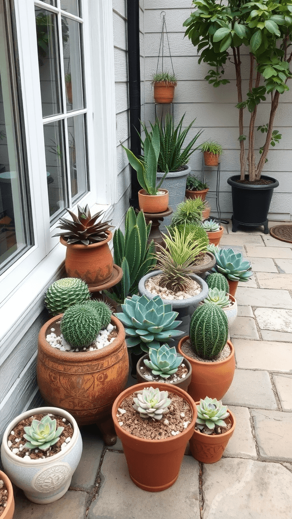 A variety of succulents in pots arranged on a small patio.