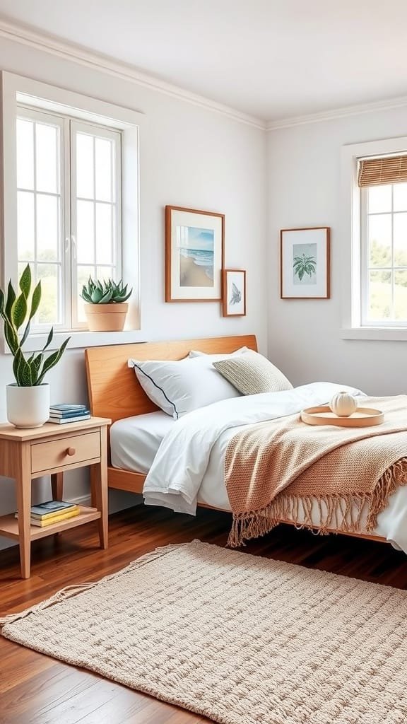 Cozy coastal bedroom with succulent plants on bedside table and window sill