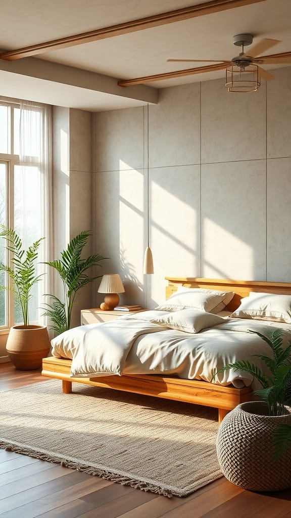 A modern, sustainable bedroom featuring natural materials and plants.