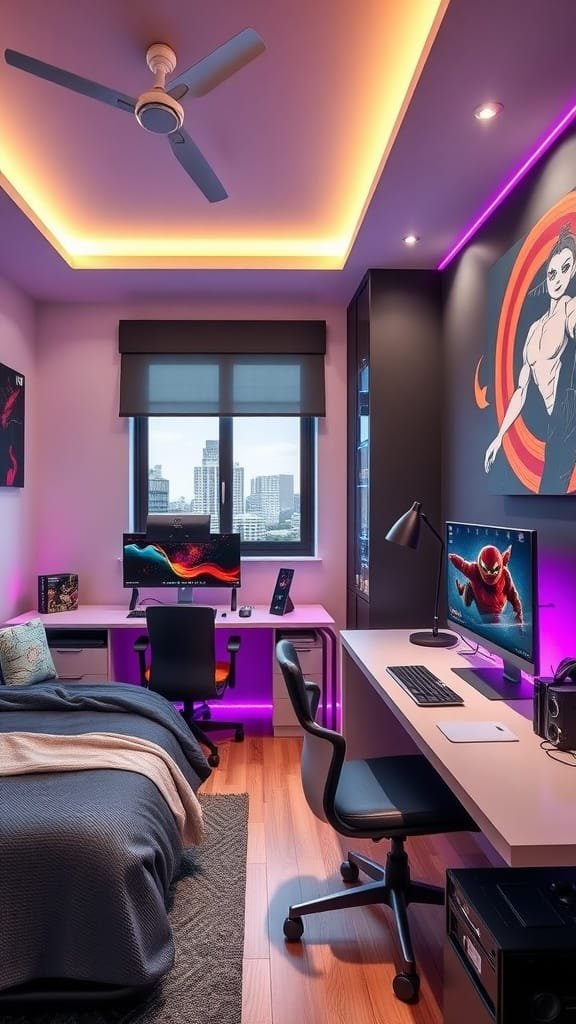 Modern teen boy bedroom featuring dual monitors, stylish decor, and smart lighting.