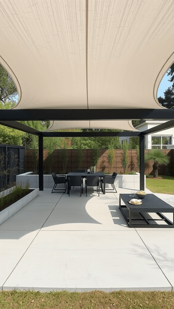 A stylish patio with a tensioned fabric sun sail providing shade over furniture.