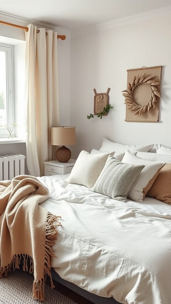 A cozy Scandinavian bedroom featuring textured throws and pillows.