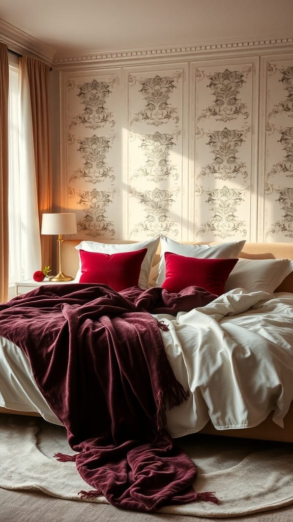 A cozy romantic bedroom with a large bed layered with burgundy blankets and pillows, soft white sheets, and a patterned wallpaper backdrop.
