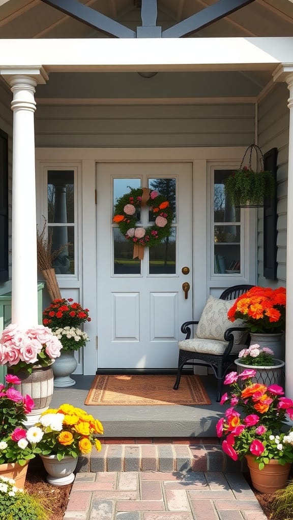 A beautifully decorated front porch with flowers and a welcoming door.