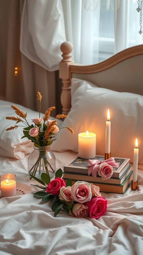 A romantic bedroom scene featuring a neatly made bed with white linens, candles, stacked books, and rose arrangements on the bedside.