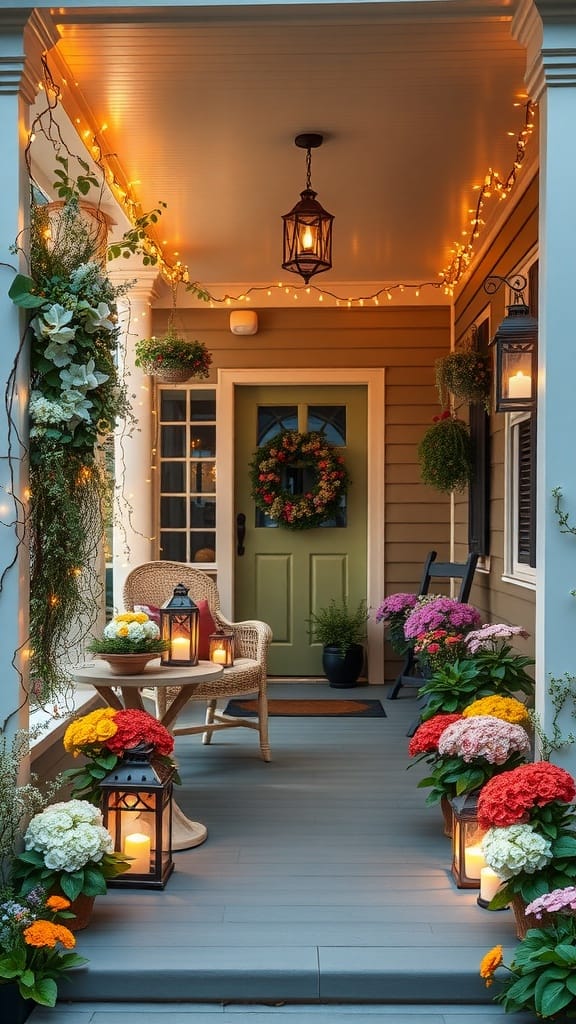 A beautifully decorated spring front porch with flowers and warm lighting.