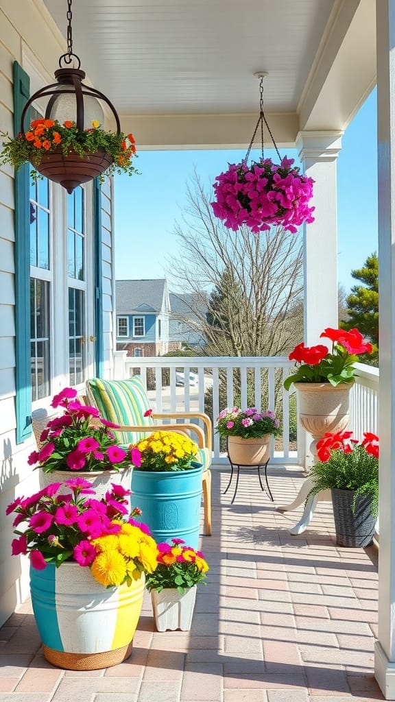 Colorful flower pots and hanging planters decorate a cheerful spring front porch.