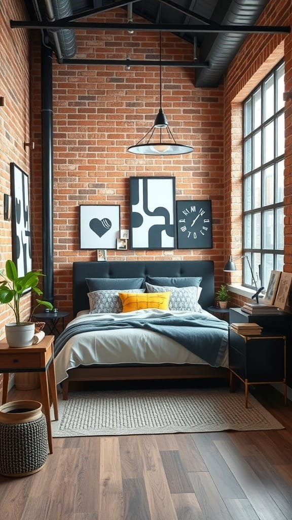 Stylish urban loft bedroom with a brick wall, modern decor, and cozy bedding.