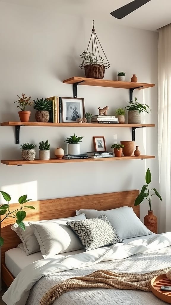 A beautifully arranged floating shelf displaying plants, books, and decor in a cozy boho chic bedroom.