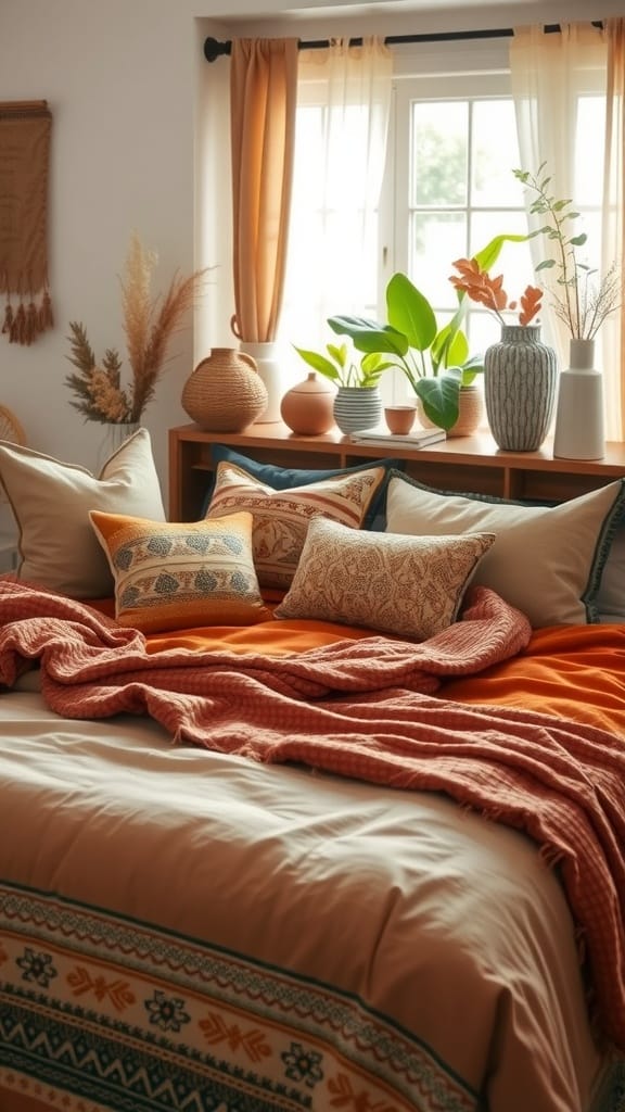 Layered bedding in a cozy boho chic bedroom with warm colors and decorative pillows.