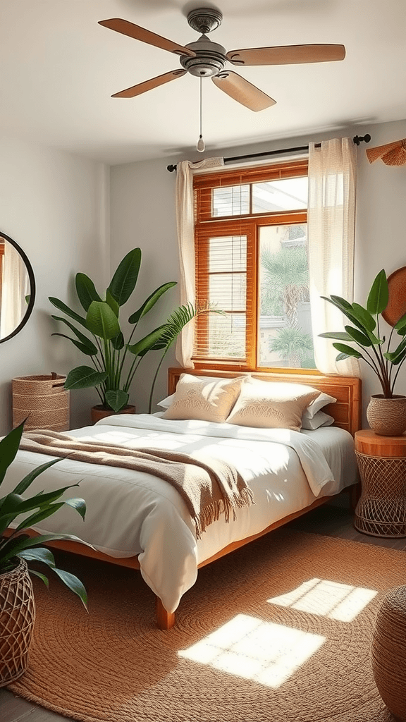 A cozy boho chic bedroom featuring jute and bamboo decor.
