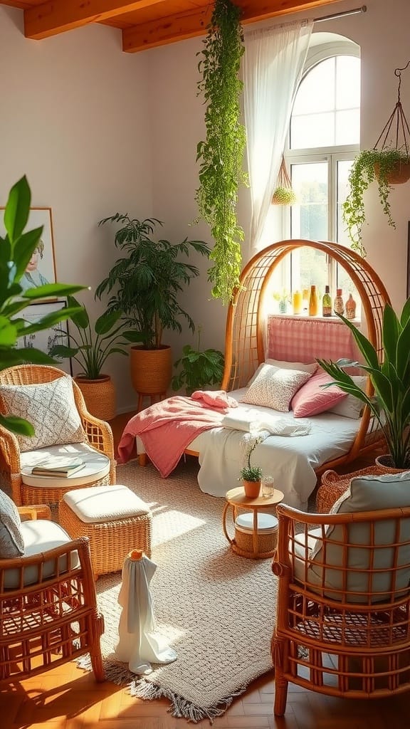 A cozy boho chic bedroom with rattan furniture and plants.