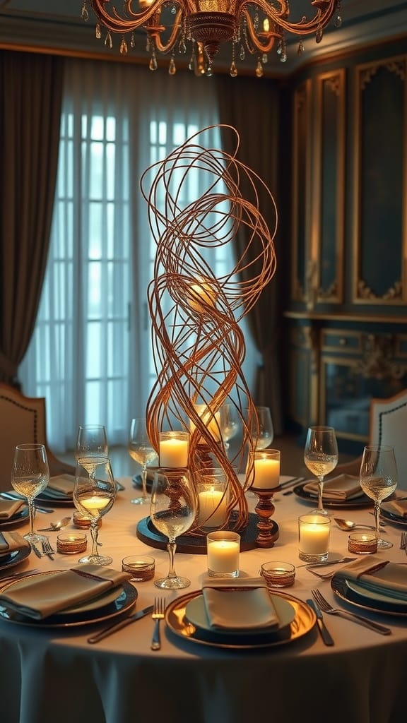 A sculptural centerpiece on a dining room table with candles and elegant tableware.