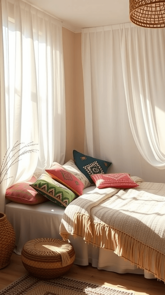 A cozy boho chic bedroom with sheer curtains and colorful pillows