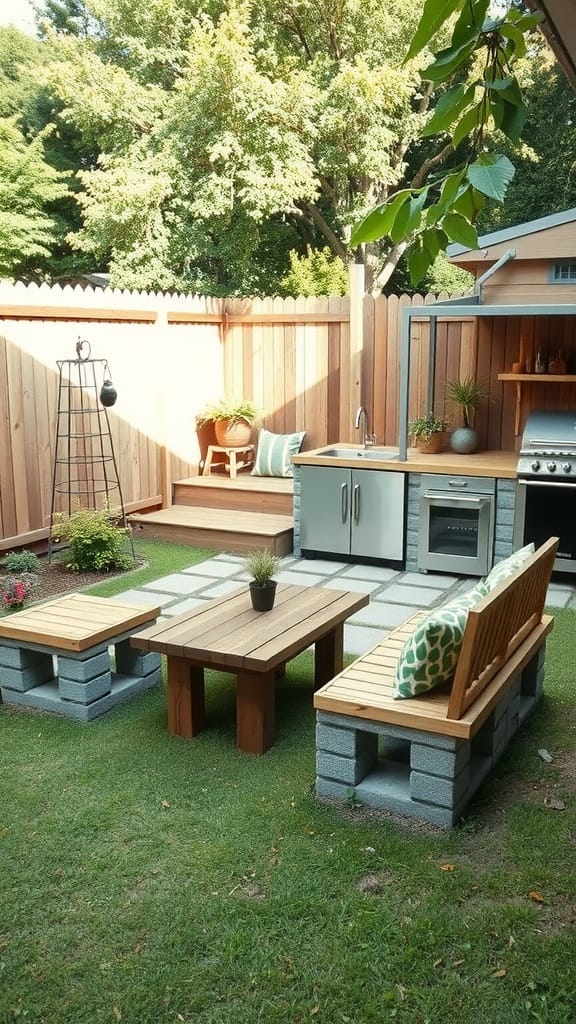 Outdoor kitchen featuring cinder block seating and table.