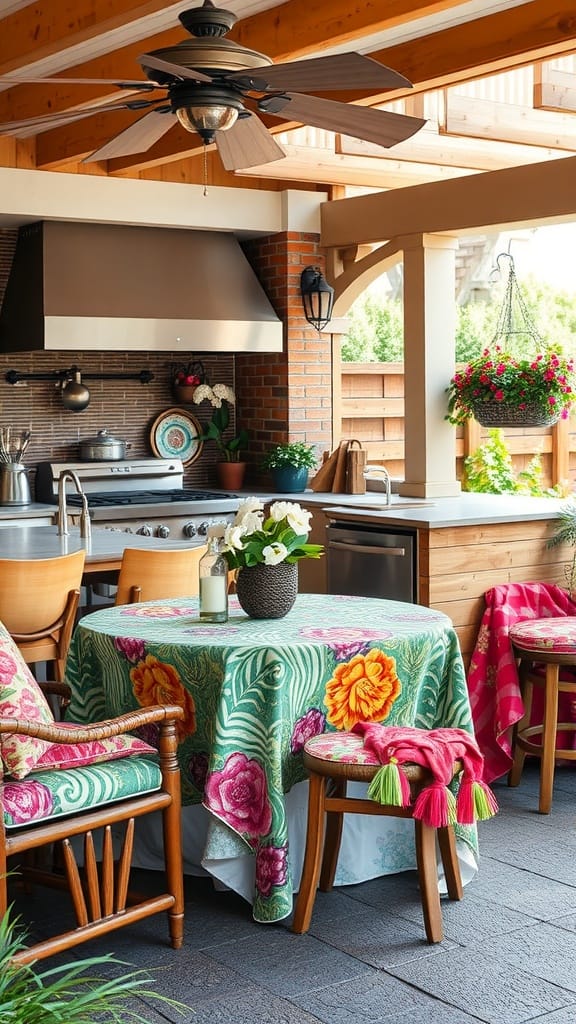 An outdoor kitchen with colorful fabrics, including a vibrant tablecloth and cushions, enhancing the comfort and appeal of the space.