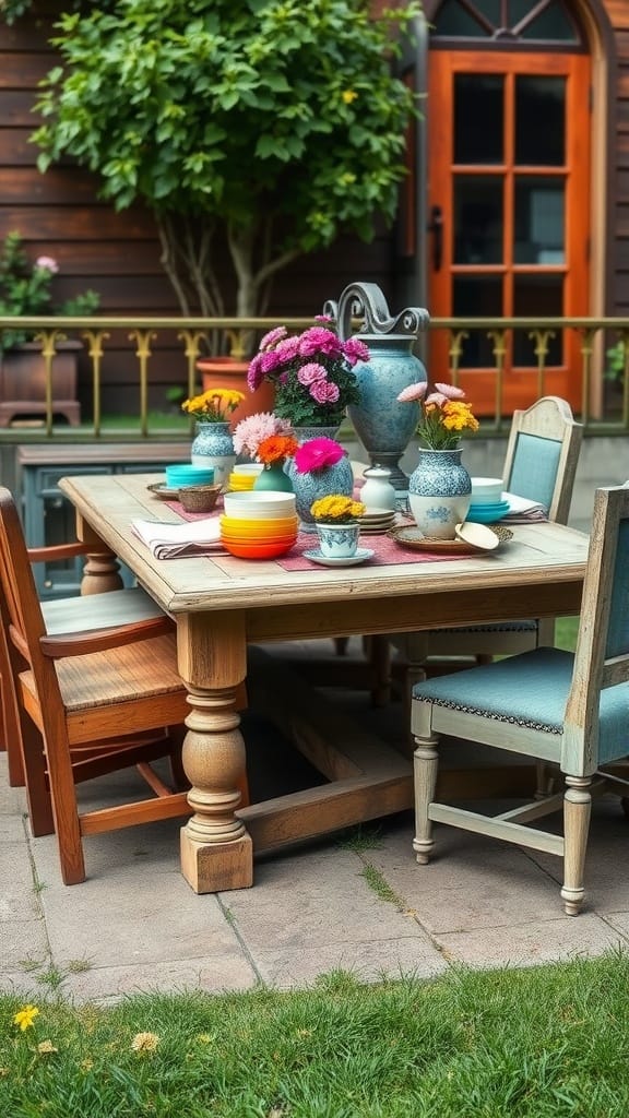 An outdoor dining setup featuring a wooden table with colorful dishes and flowers, surrounded by a mix of old chairs.