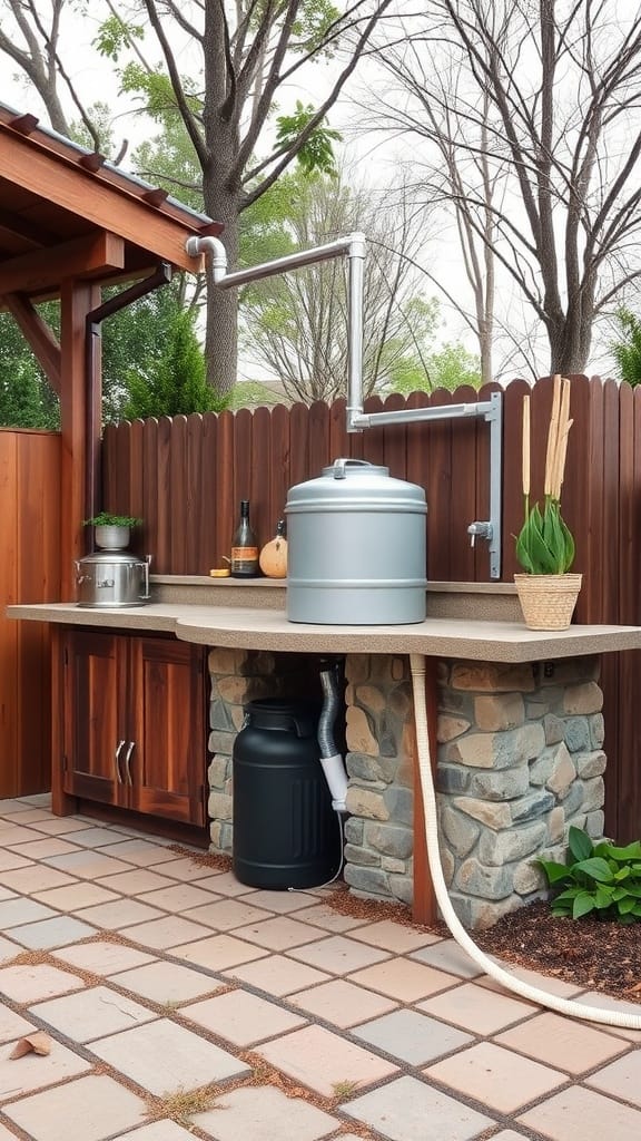 An outdoor kitchen featuring a rainwater collection system, with a silver barrel connected to a downspout.