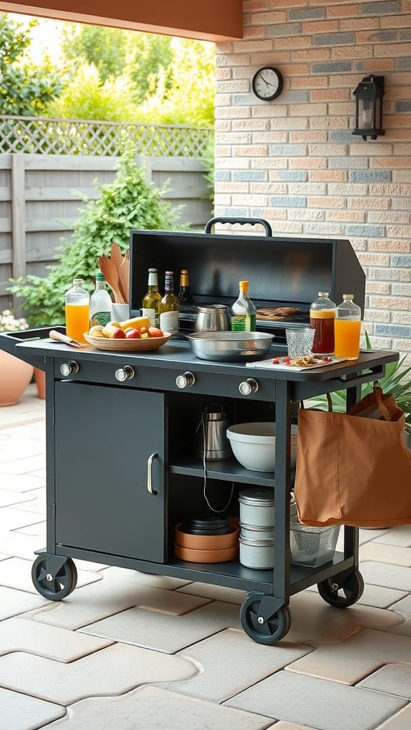 A portable outdoor kitchen cart with drinks, fruits, and cooking essentials, set in a bright outdoor space.