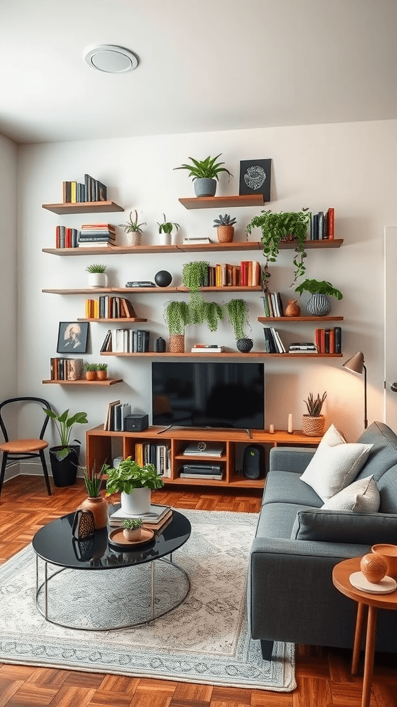 A modern living room showcasing open shelving filled with books and plants, complemented by a cozy sofa and a coffee table.
